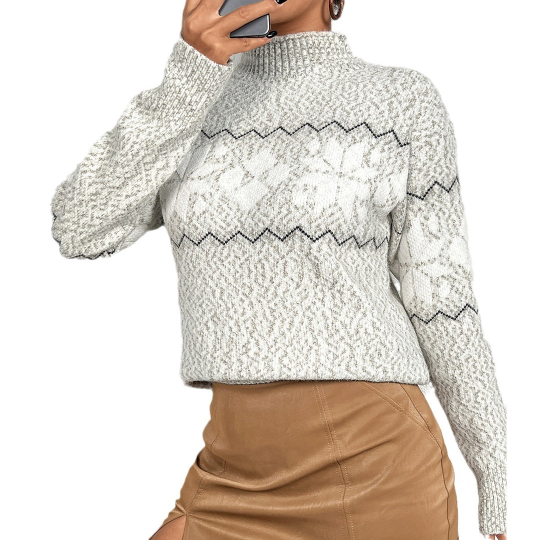 Damen Strickpullover mit hoch geschlossenem Kragen und winterlichem Muster Drune