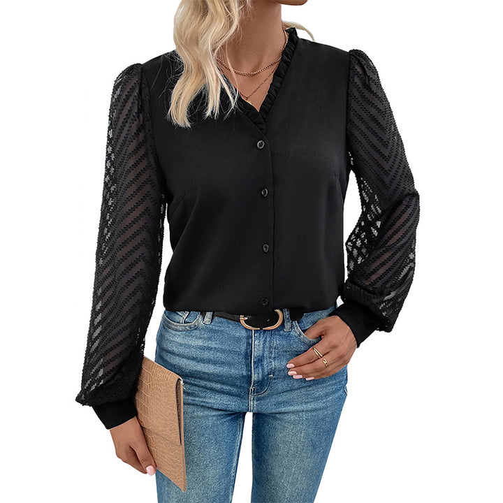 Damen elegante Bluse mit Rüschendetails und transparenter Spitze Drune