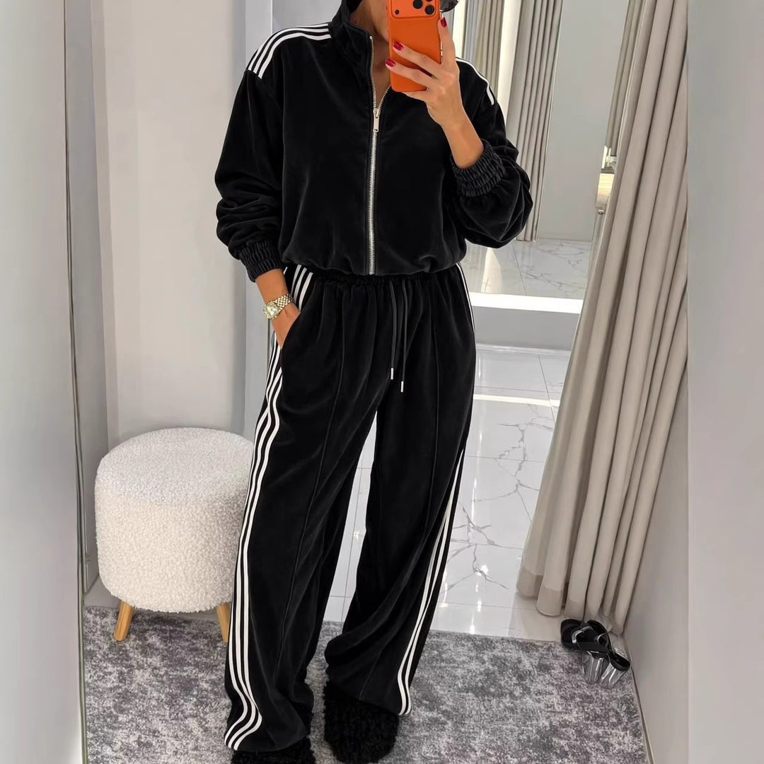 Damen sportlicher Velours-Jogginganzug mit hochgeschlossenem Kragen und elastischem Bund Drune