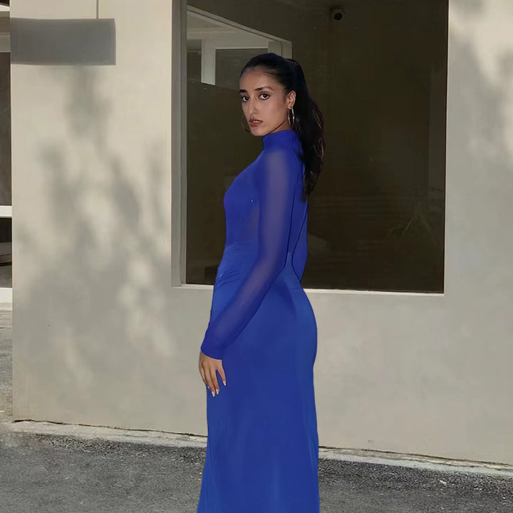 Damen Elegantes Maxikleid mit transparenten Ärmeln und raffinierter Drapierung Drune