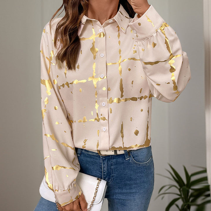 Damen lässige Bluse mit elegantem Goldmuster und lässigen langen Ärmeln Drune