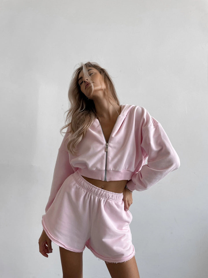Damen lässiger Hoodie und Shorts-Set mit elastischem Bund und Vorderreißverschluss Drune