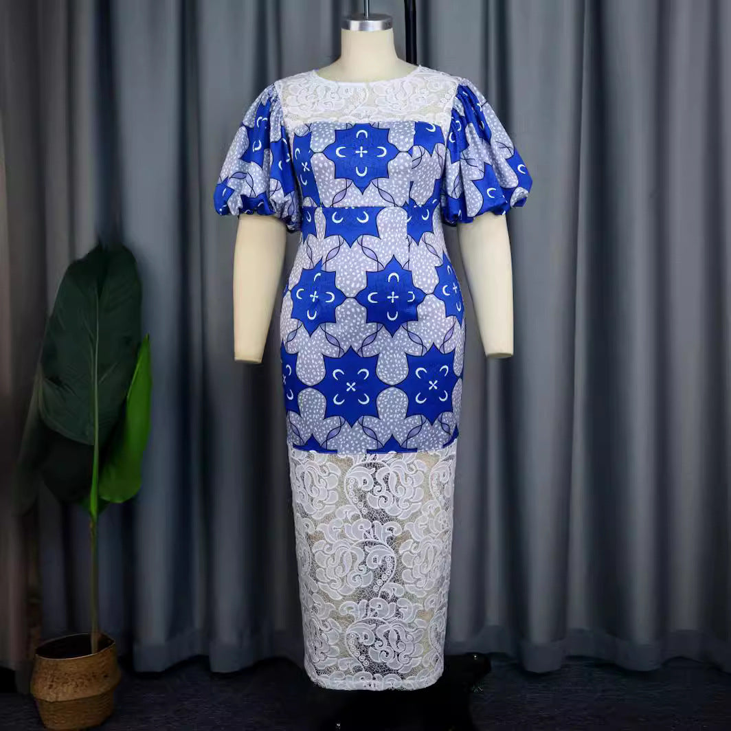 Damen Elegantes Midi-Langarmkleid mit floralem Muster und Puffärmeln Drune