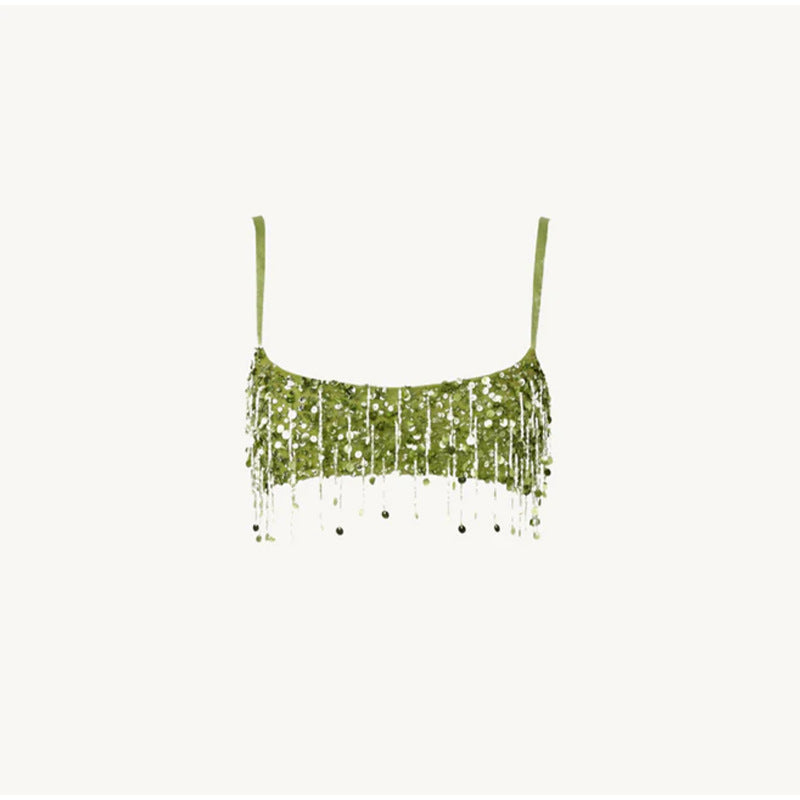 Damen Glitzerndes Crop-Top und Minirock-Set mit Fransen Drune