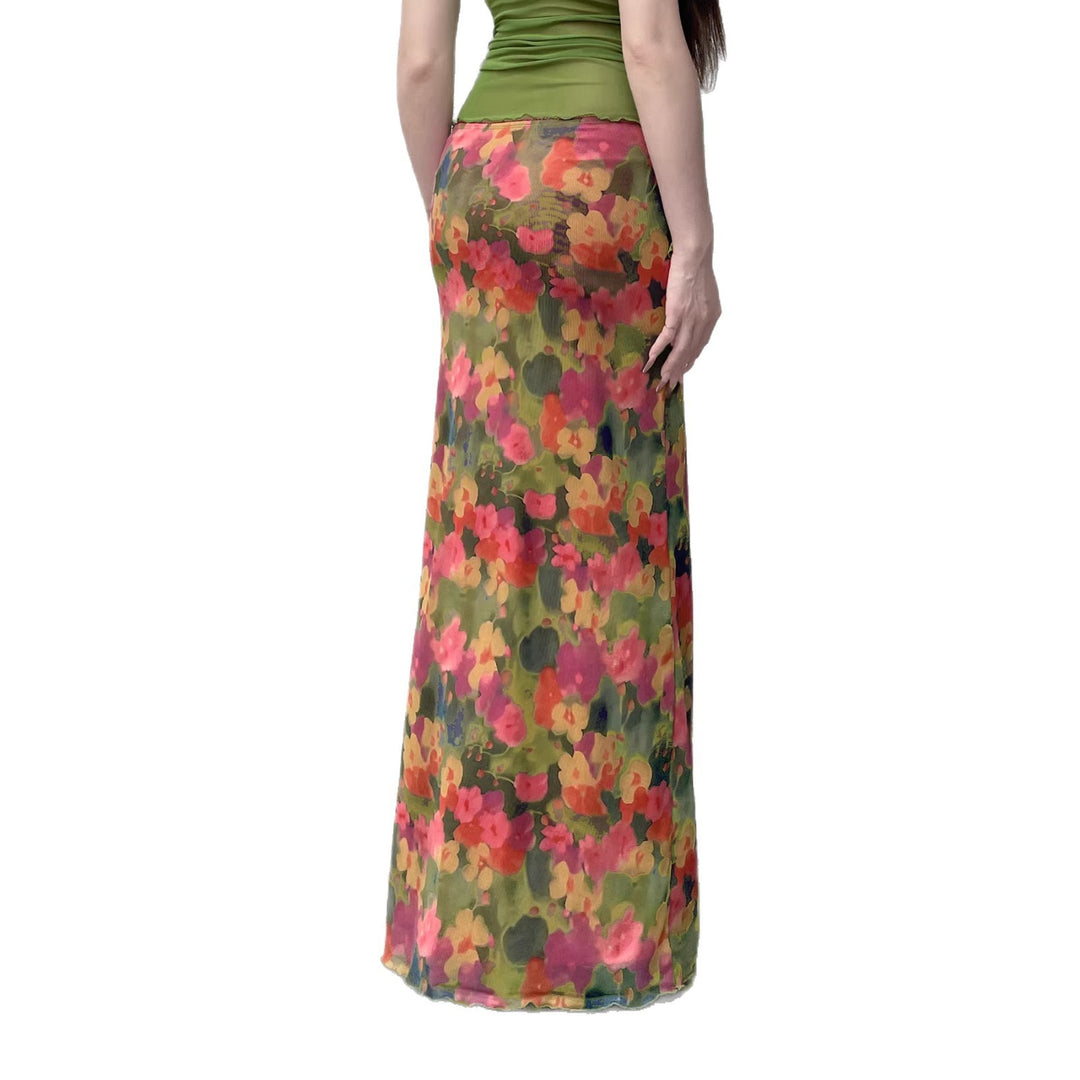 Damen Maxi-Rock mit floralem Chiffon-Design und seitlichem Schlitz Drune