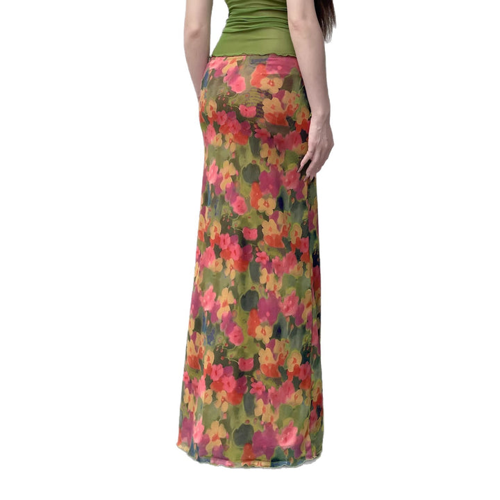 Damen Maxi-Rock mit floralem Chiffon-Design und seitlichem Schlitz Drune