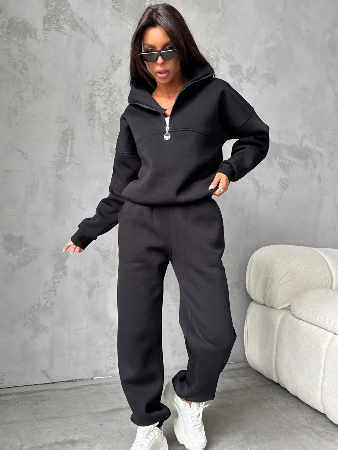 Damen modernes Freizeit-Loungewear-Set mit halbem Reißverschluss und elastischen Bündchen Drune