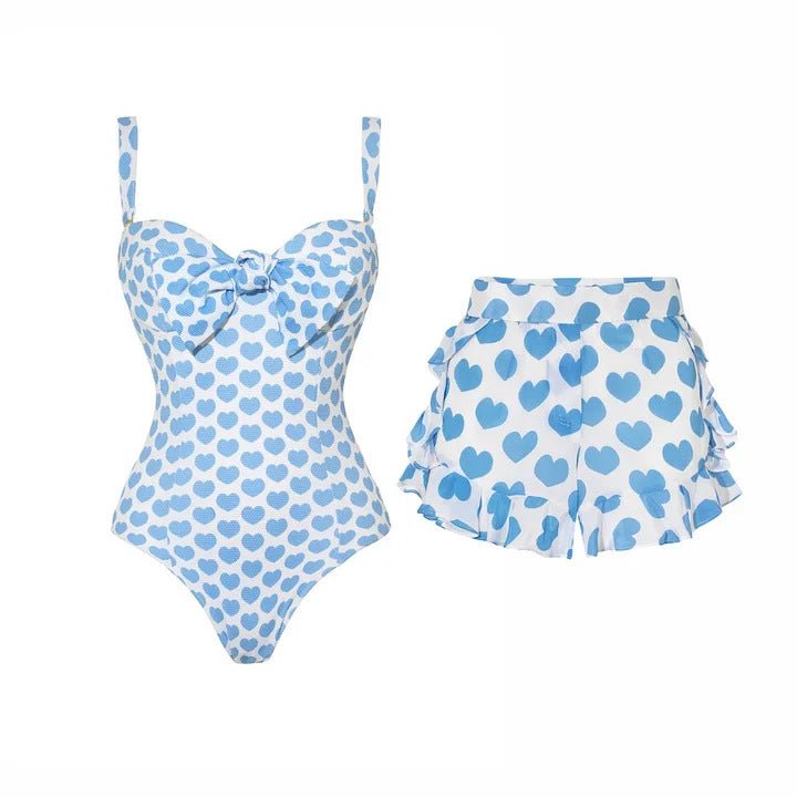 Damen Bikiniset mit herzförmigen Mustern und Rüschenrock Drune