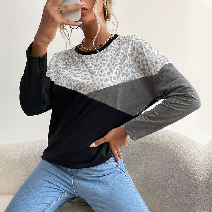 Damen modisches Langarmshirt mit kreativem Leoprint und Blockstreifen Drune