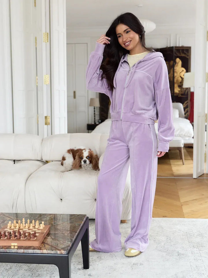 Damen Sportlicher Velours-Anzug mit moderner Kapuze und elastischem Bund Drune