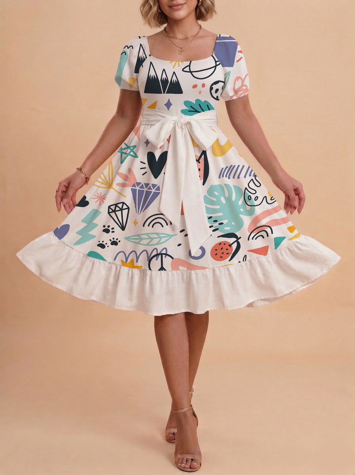 Damen Sommerkleid mit floralem Puffärmel und taillierbarem Gürtel Drune
