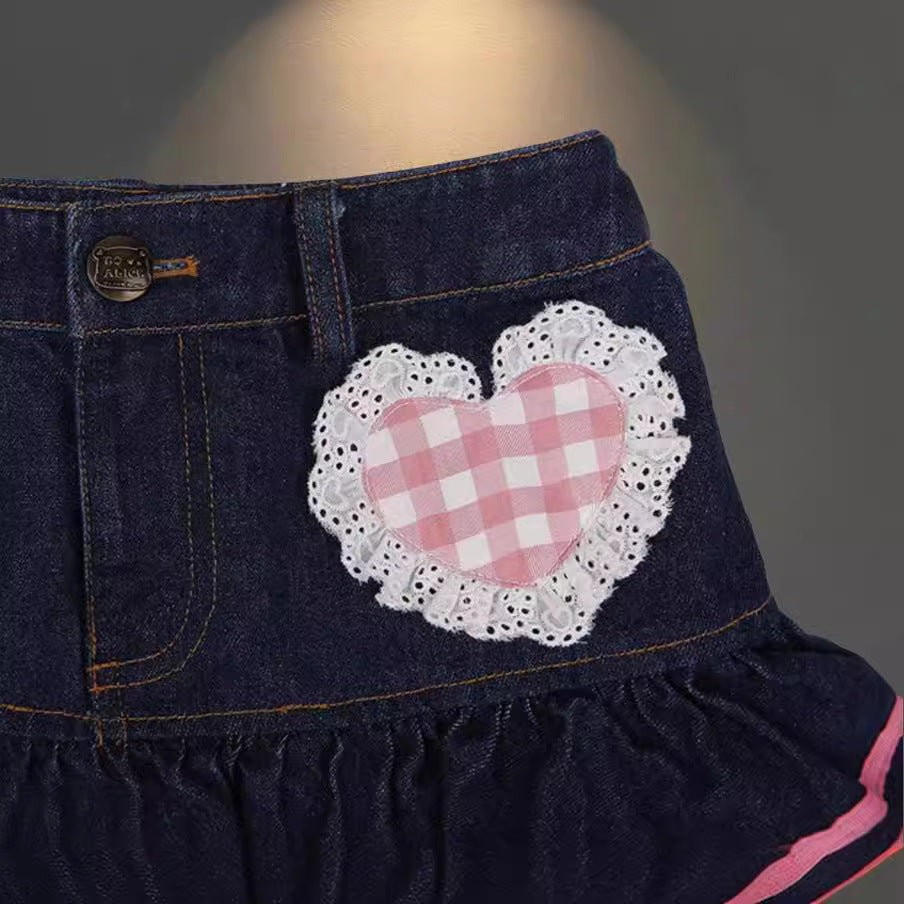 Damen Modische Mini-Jeansrock mit Rüschen und herzförmiger Applikation Drune