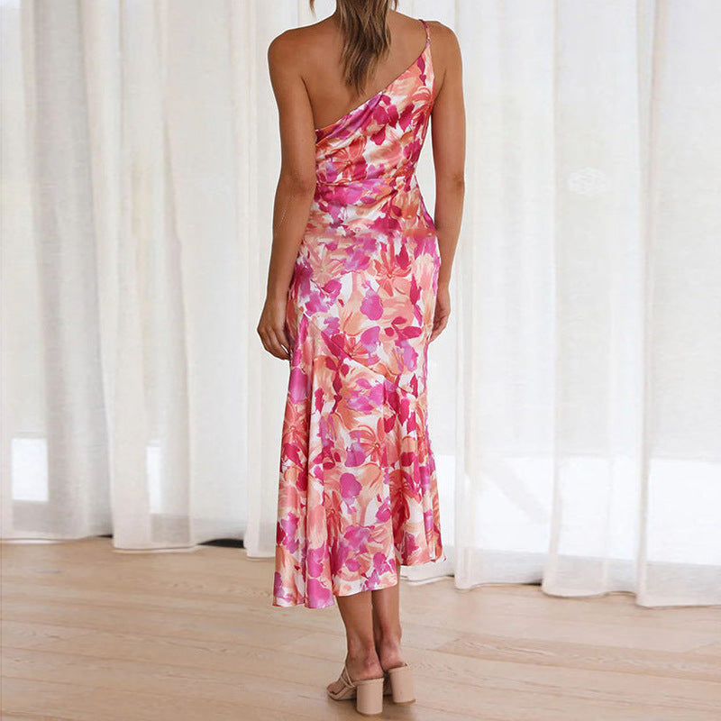 Damen Elegantes Maxikleid mit asymmetrischem Träger und floralem Design Drune