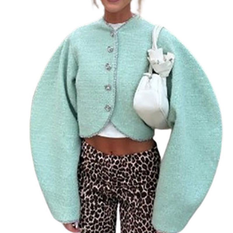 Damen Cropped Jacke mit voluminösen Ärmeln und dekorativen Knöpfen Drune