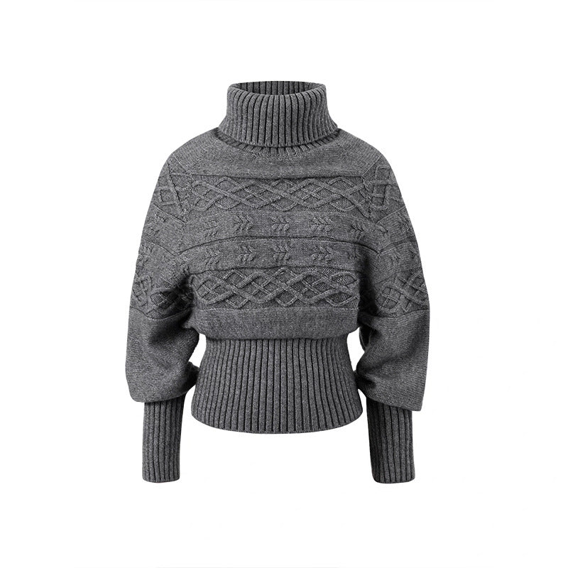 Damen Grobstrickpullover mit hohem Kragen und dekorativem Kabelmuster Drune