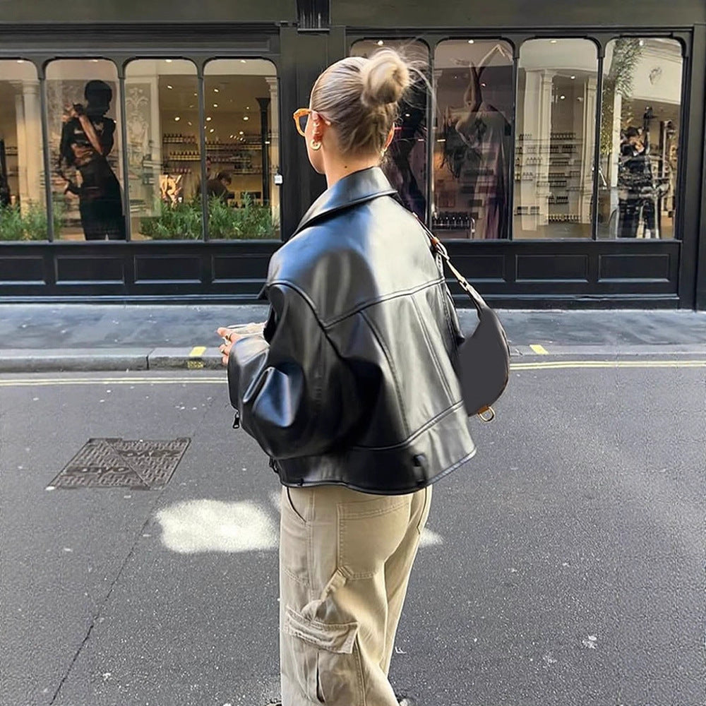 Damen modische Kunstlederjacke mit oversized Schnitt Drune