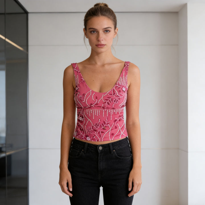 Damen Glamouröses Top mit funkelnden Stickereien und schmalen Trägern Drune