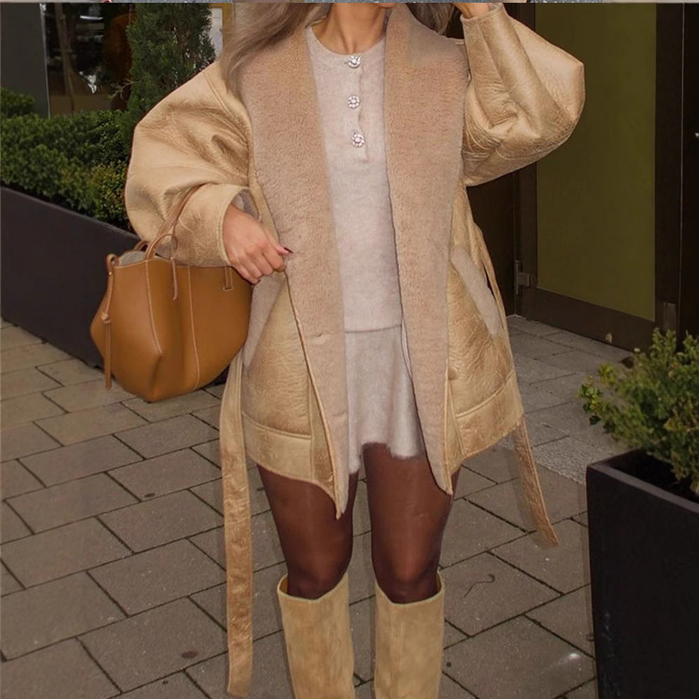 Damen Oversized Kunstfellmantel mit taillierbarem Gürtel und voluminösen Ärmeln Drune