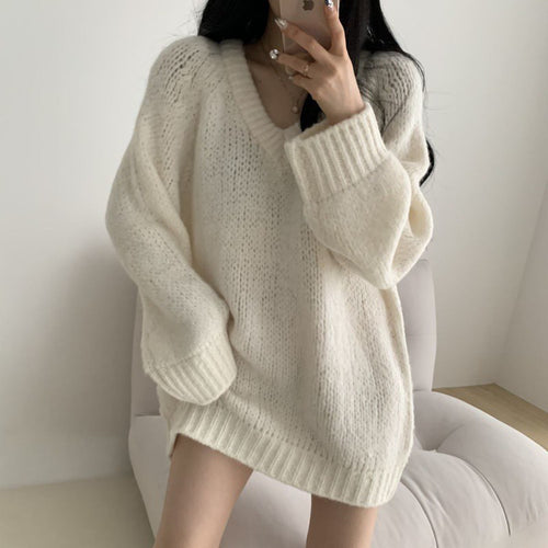 Damen lässiger oversized Pullover mit tiefem V-Ausschnitt und weichem Strickmaterial Drune