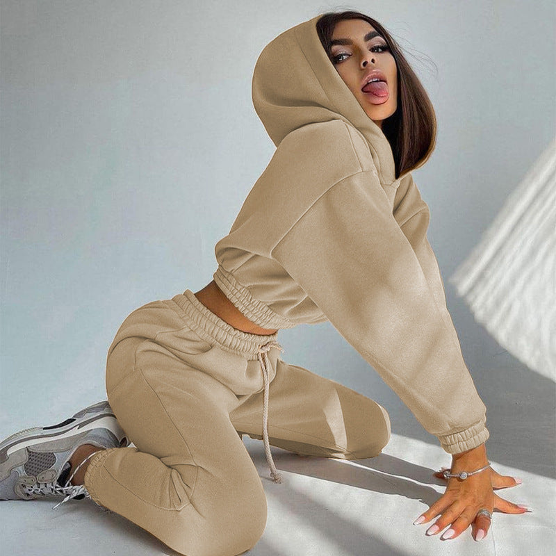 Damen nan Cropped-Hoodie-Loungewear-Set mit elastischem Rippbund, hoher Taillen-Jogginghose und dekorativem Kordelzug Drune