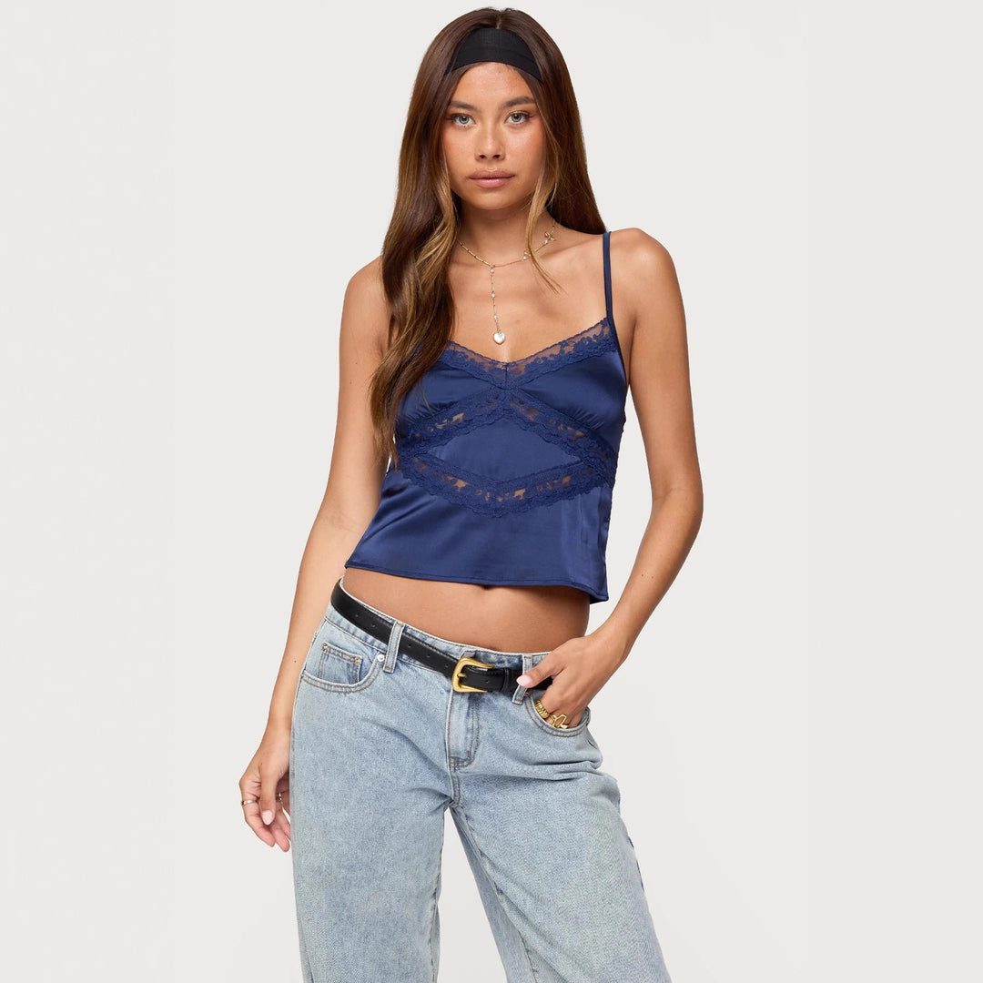Damen Elegantes Satin-Cami-Top mit Spitzenverzierungen Drune