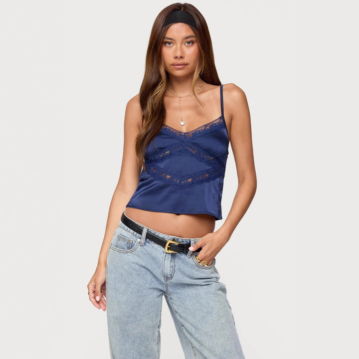 Damen Elegantes Satin-Cami-Top mit Spitzenverzierungen Drune