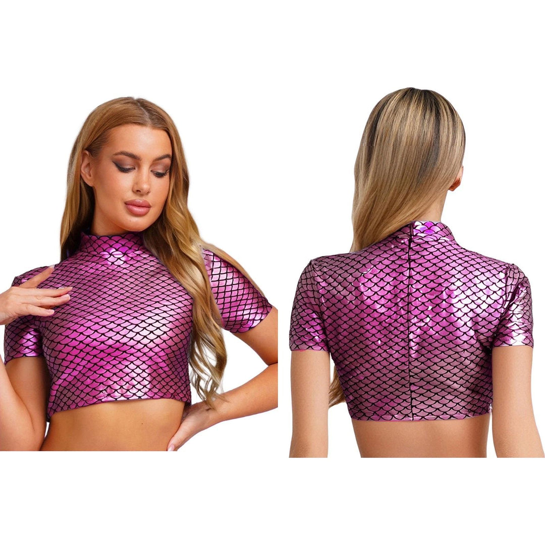 Damen Glitzerndes Cropped Shirt mit schimmerndem Fischschuppen-Muster Drune