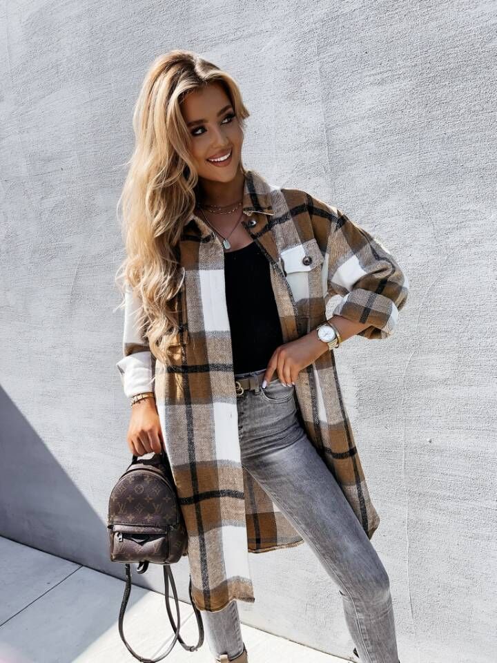 Damen Oversized-Hemdjacke im klassischen Karomuster Drune