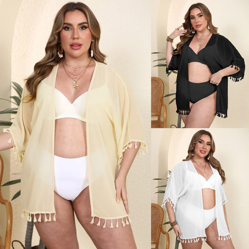 Damen luftiger Kaftan mit bezauberndem Fransenabschluss Drune