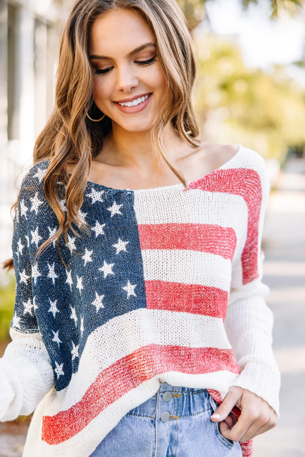 Damen Strickpullover mit patriotischem Flaggenmuster Drune