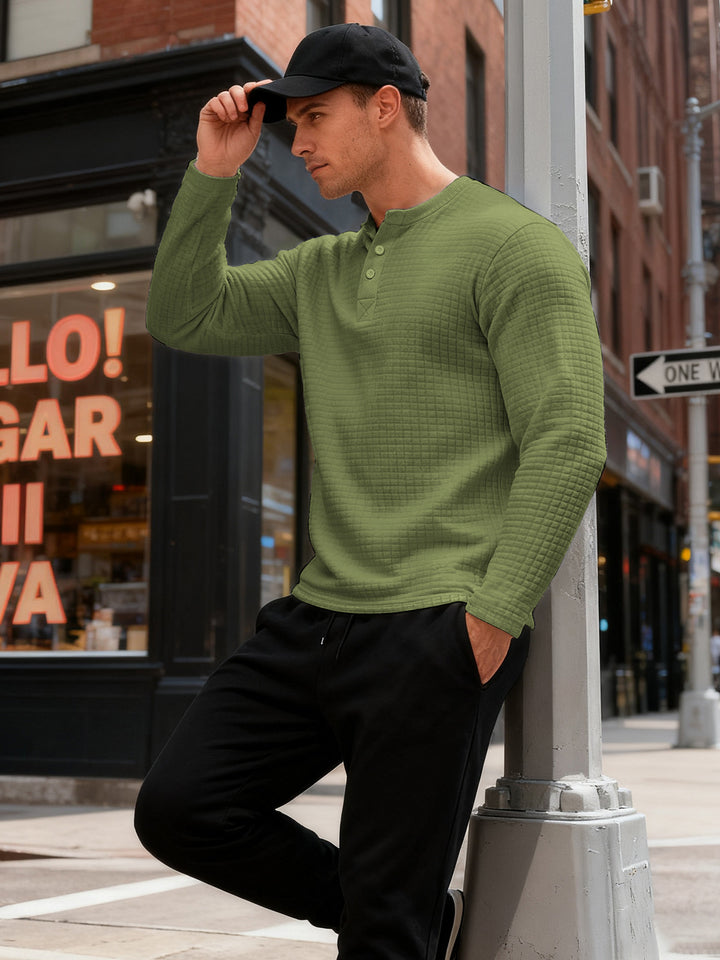 Herren nan strukturiertes Henley-Langarmshirt aus Waffelstrick mit Stehkragen und schmaler Silhouette Drune