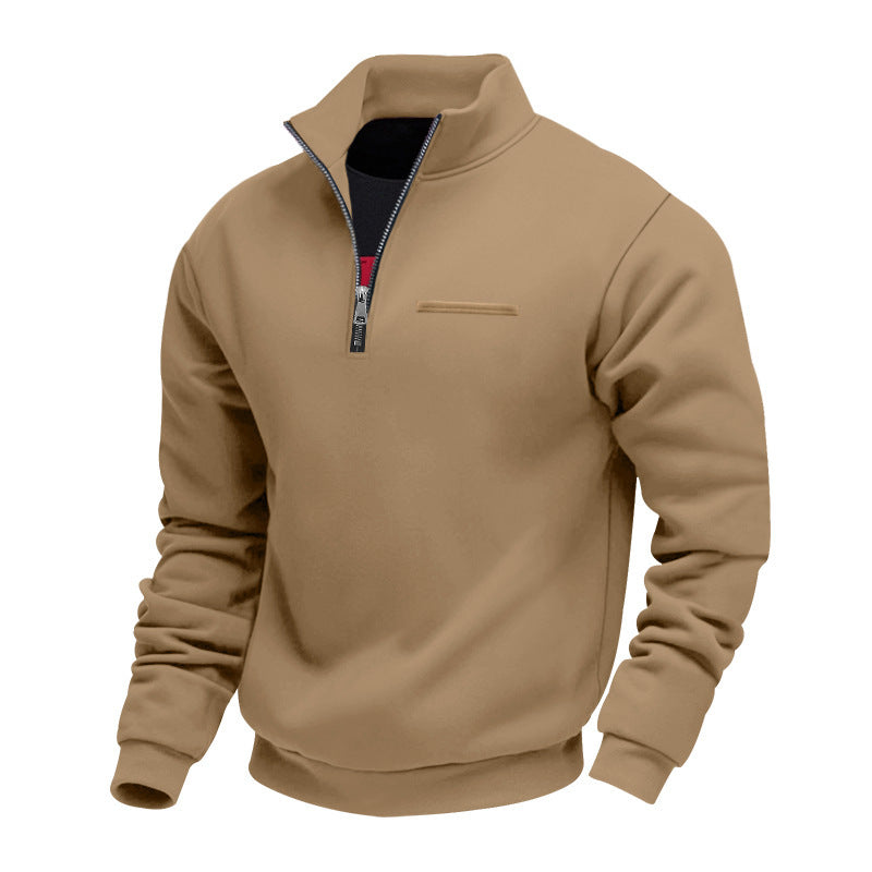 Herren nan Sweatshirt mit halbem Reißverschluss, Stehkragen und Brust-Welttasche Drune