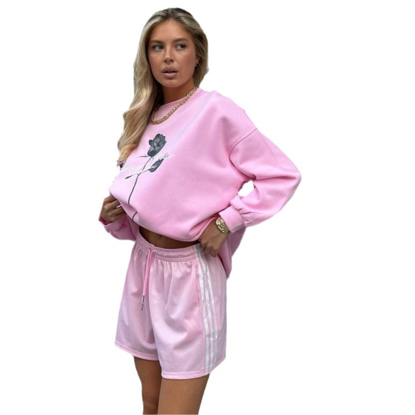 Damen lässiges Sweatshirt und Shorts-Set mit floralem Druck Drune