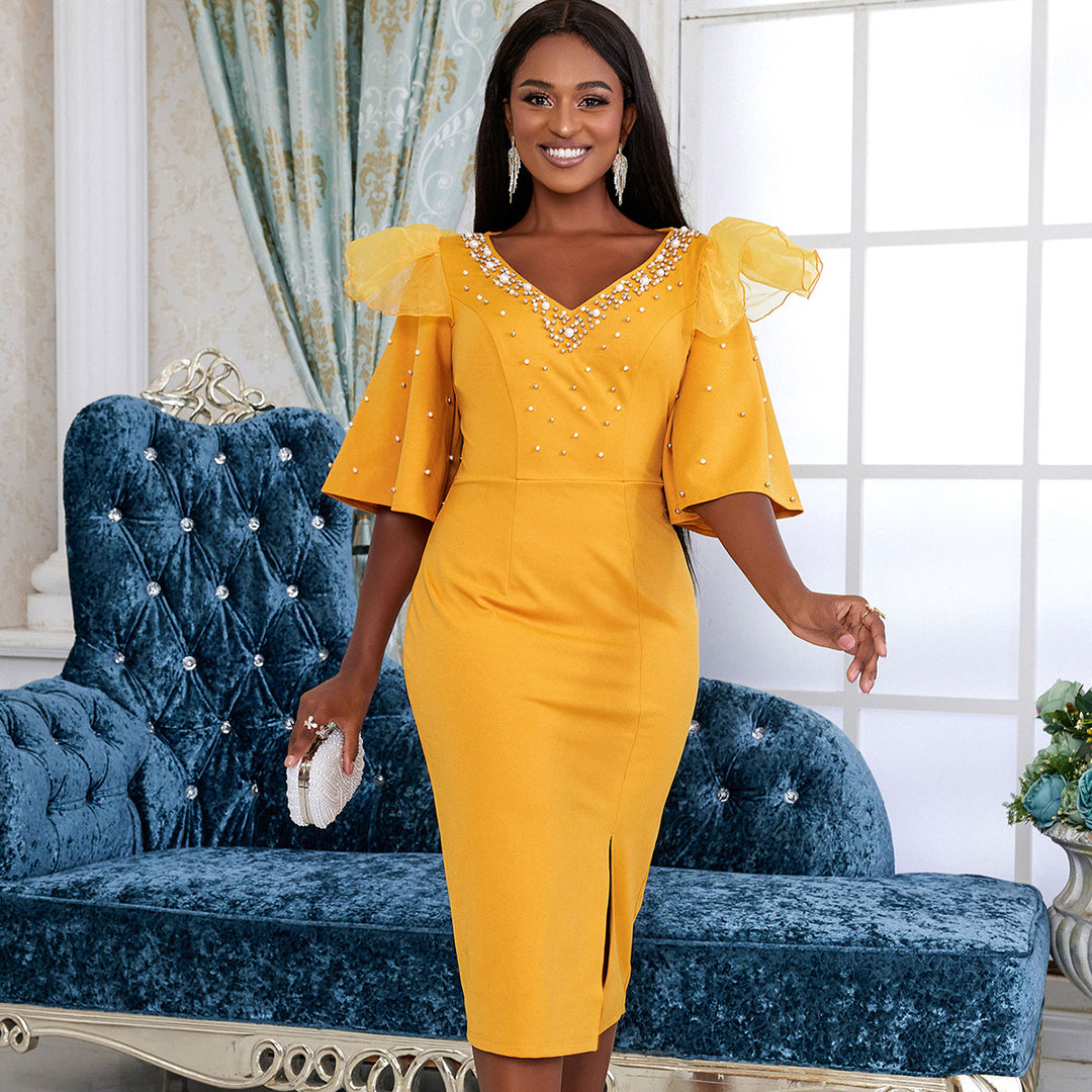 Damen elegantes Schimmerndes Midi-Kleid mit Volantrüsche und Glamourösen Akzenten Drune