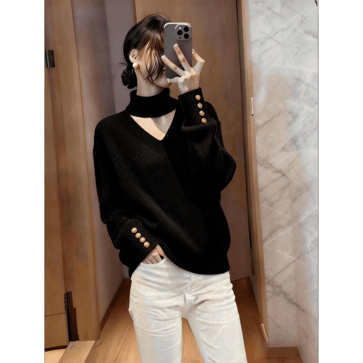 Damen Luxus Strickpullover mit Rollkragen und Knopfdetails Drune