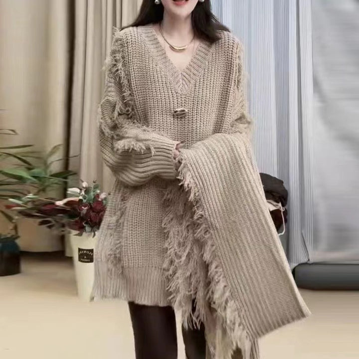 Damen Grobstrickpullover mit fransigen Abschlüssen und V-Ausschnitt Drune