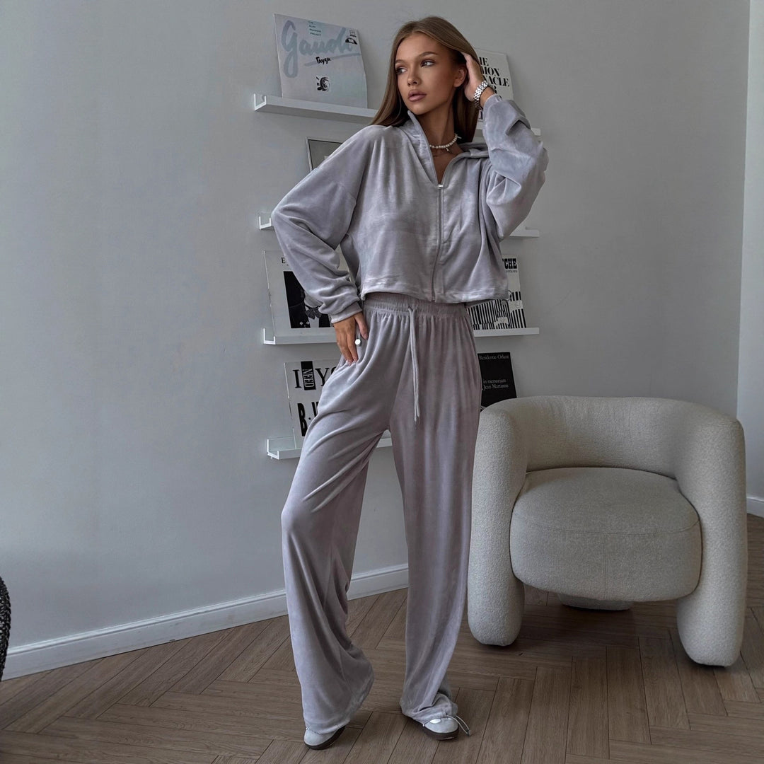 Damen Sportliches Velours-Loungewear-Set mit Reißverschluss und Kapuze Drune