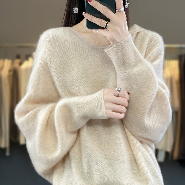 Damen lässiger Pullover mit voluminösen Ärmeln und V-Ausschnitt Drune