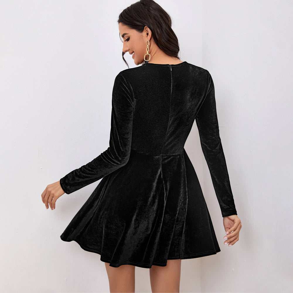 Damen Samt Kleid mit elastischem Gürtel und elegantem Schnitt Drune