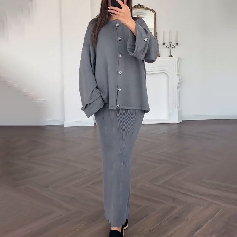 Damen elegantes Strickkleid mit passender Cardigan-Überwurf Drune