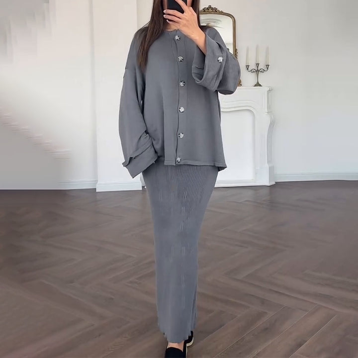 Damen elegantes Strickkleid mit passender Cardigan-Überwurf Drune