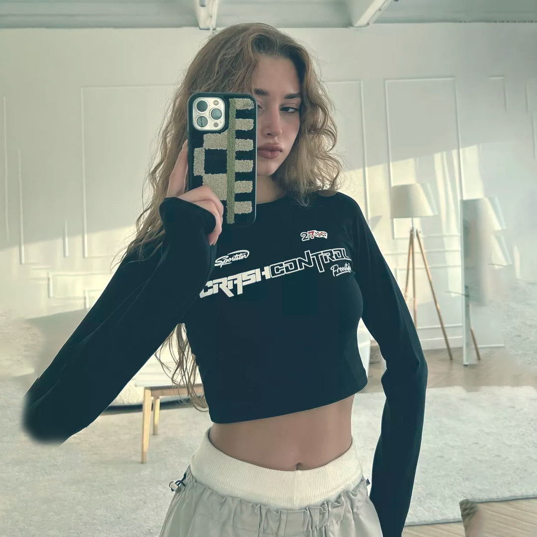 Damen Langärmliges Crop-Top mit auffälligem Grafikdesign Drune