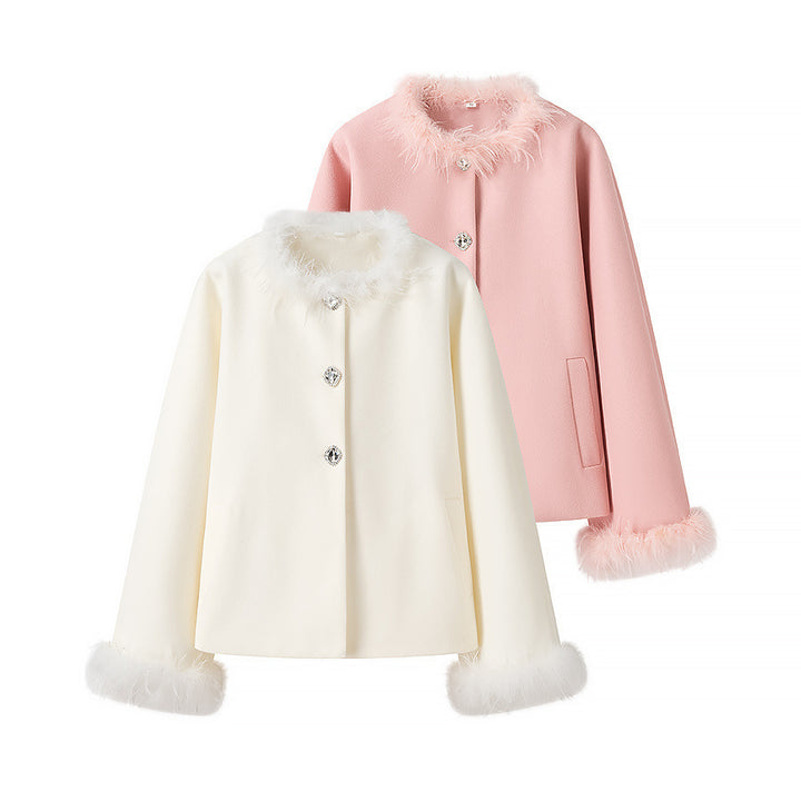 Damen Kurzjacke mit dekorativem Kunstfellkragen und Knopfdetails Drune