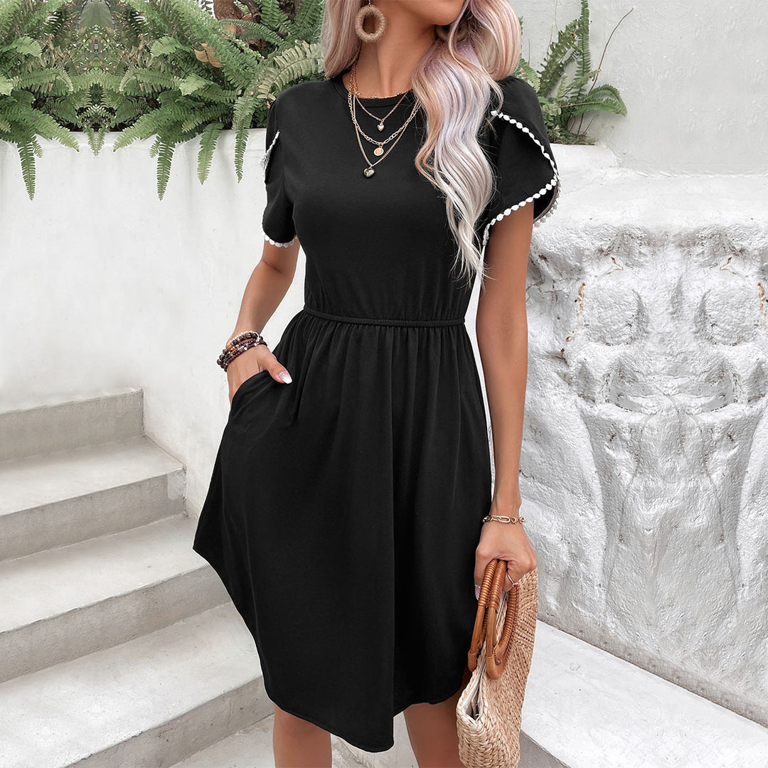 Damen lässiges Sommerkleid mit elastischem Bund und dekorativen Ärmeldetails Drune