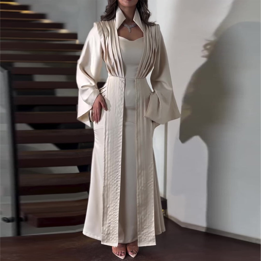 Damen elegantes Maxikleid mit schickem Taillenschnitt und luxuriösem Satinbesatz Drune