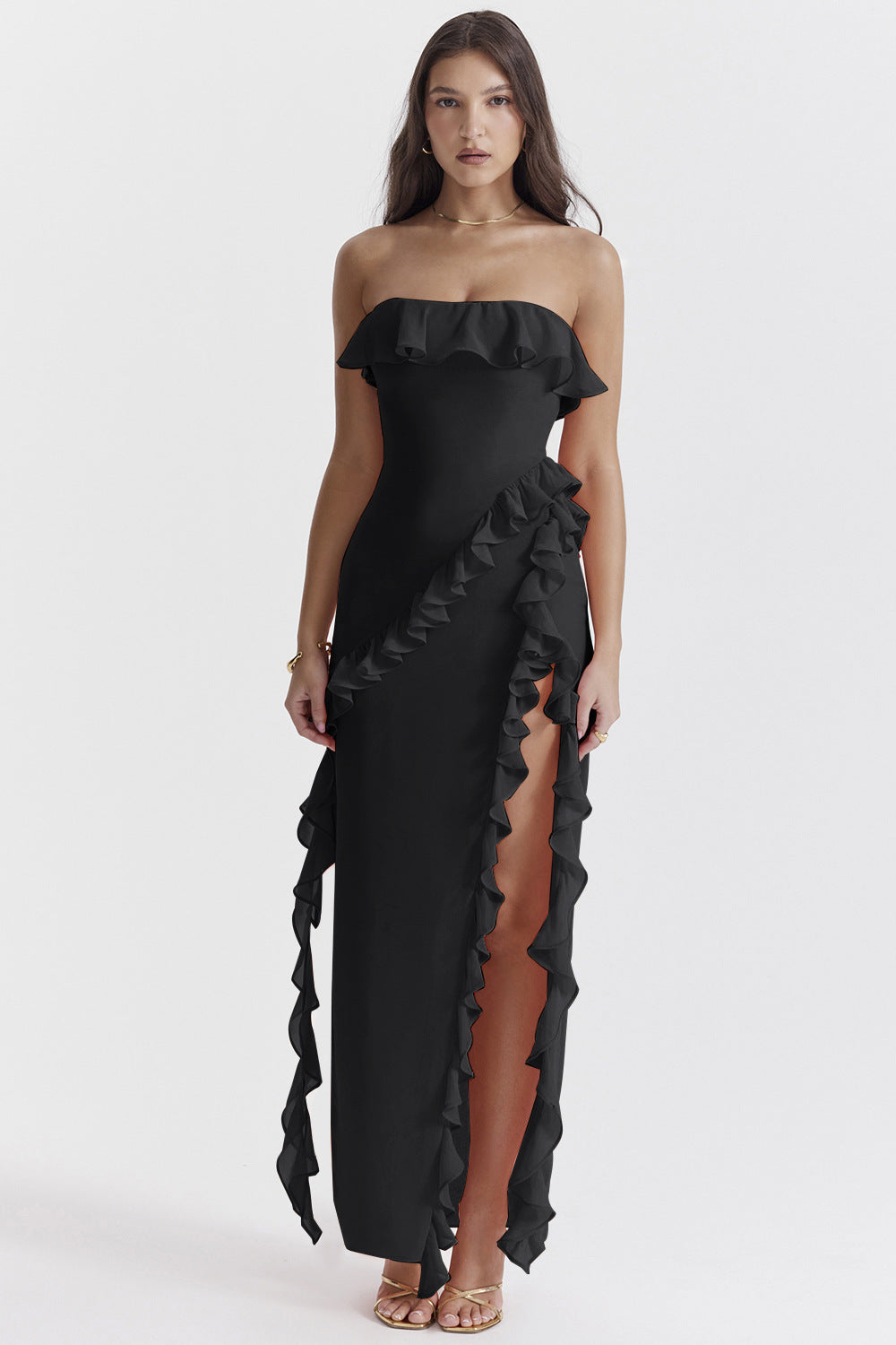 Damen Off-Shoulder Maxikleid mit Rüschen und Schlitz Drune