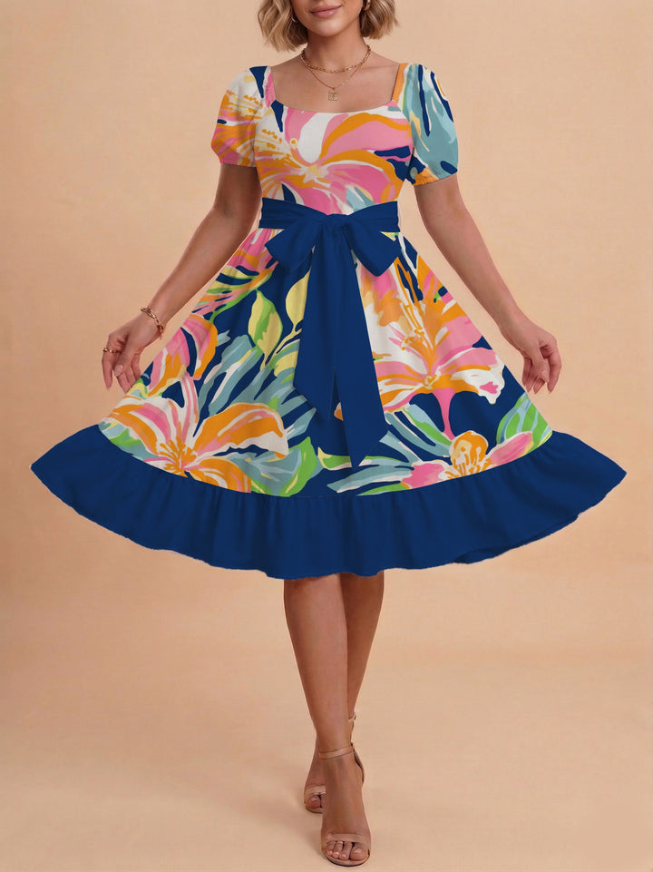 Damen modernes Blumenkleid mit elegantem Taillengürtel und asymmetrischem Saum Drune