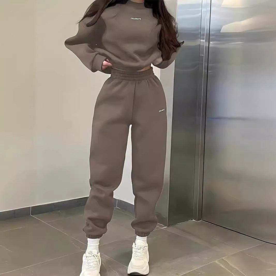 Damen nan Oversized kurz geschnittenes Sweatshirt mit High Waist Fleece Jogginghose Set Drune