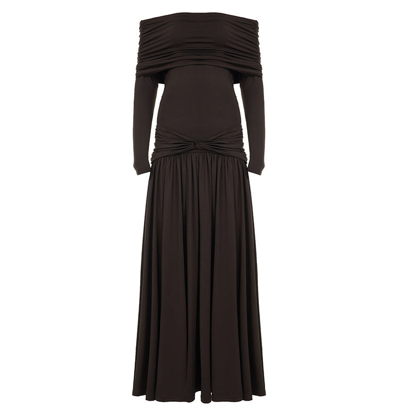 Damen Elegantes Langkleid mit gekreuztem Tailleneinsatz und schulterfreiem Ausschnitt Drune