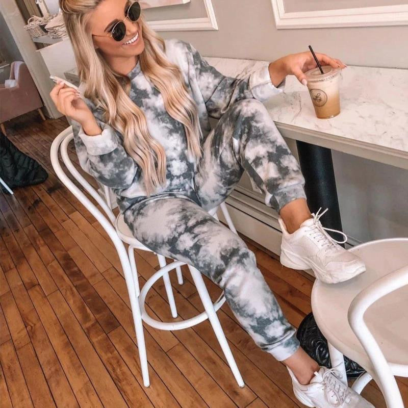 Damen Lässiges Sweatshirt-Set mit modernem Batikdesign und dehnbarem Bund Drune